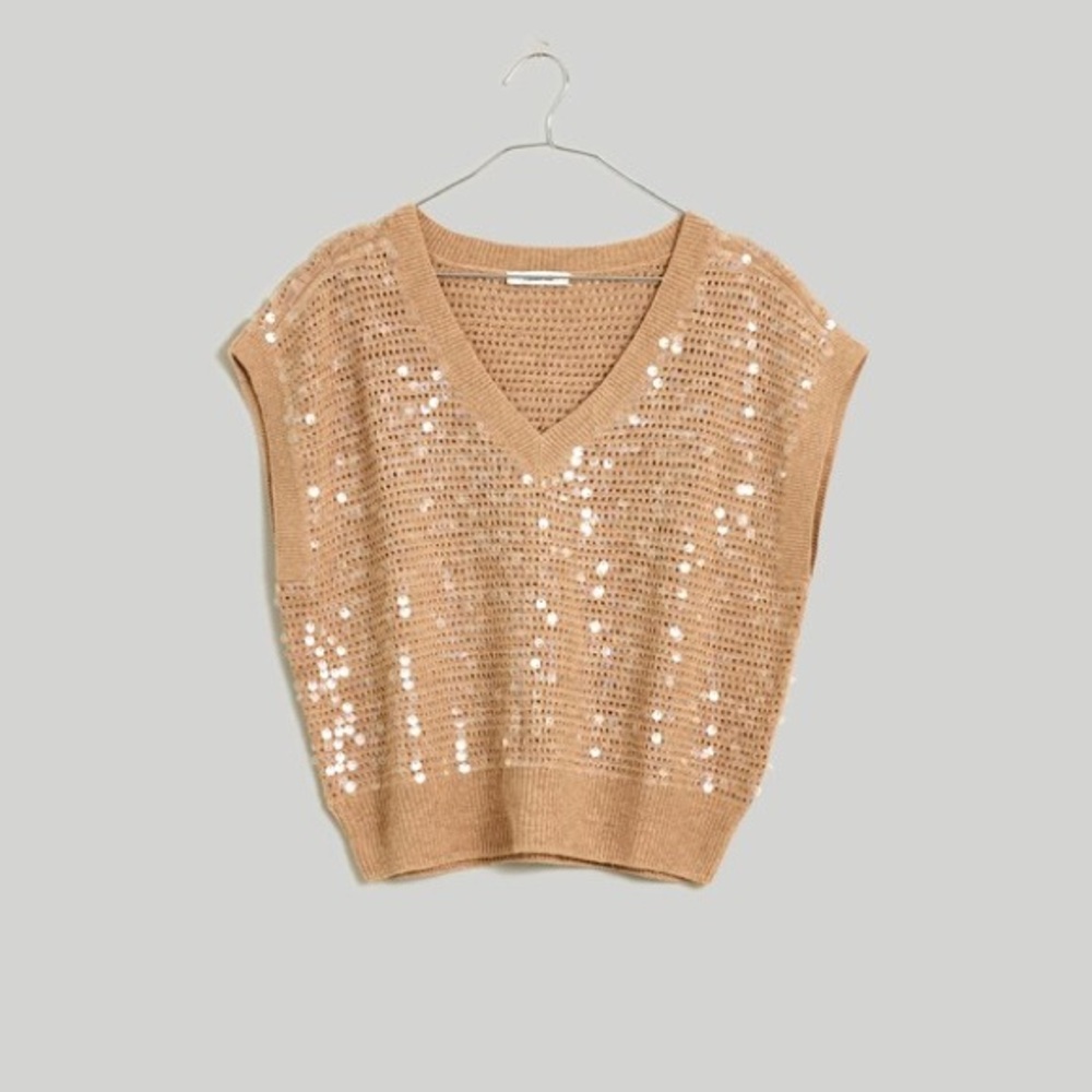 Madewell Sequin-Embellished Sweater Vest in Heather Tawny Size Medium